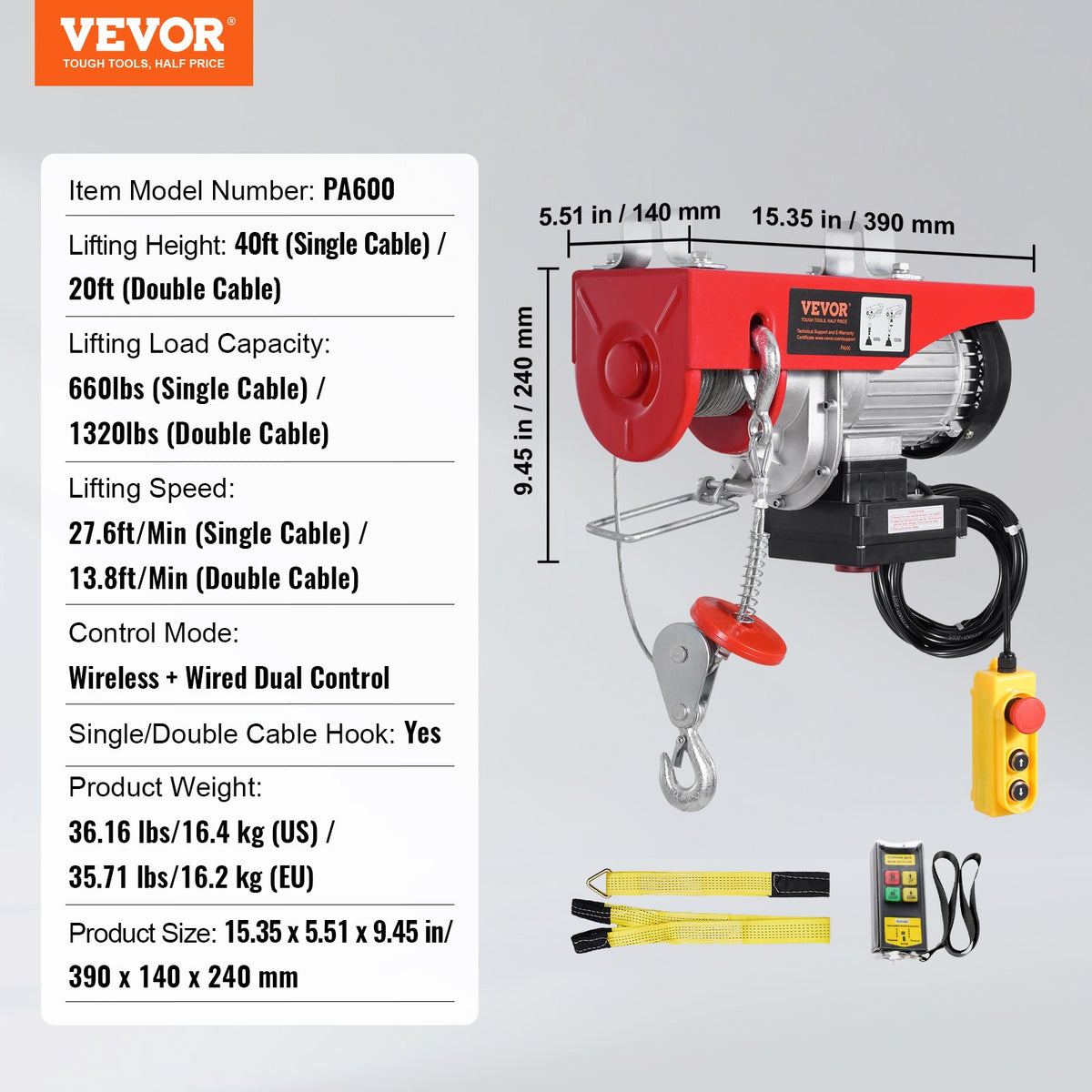 VEVOR Electric Hoist, 600 kg Winch, 100 m Wireless Remote and 4.3 m Wired Remote