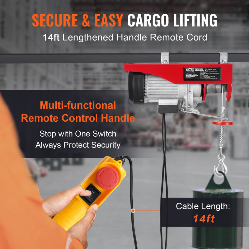 VEVOR elektriskais pacēlājs, vinča 800 kg ar 4,3 m vadu tālvadību, 230 V