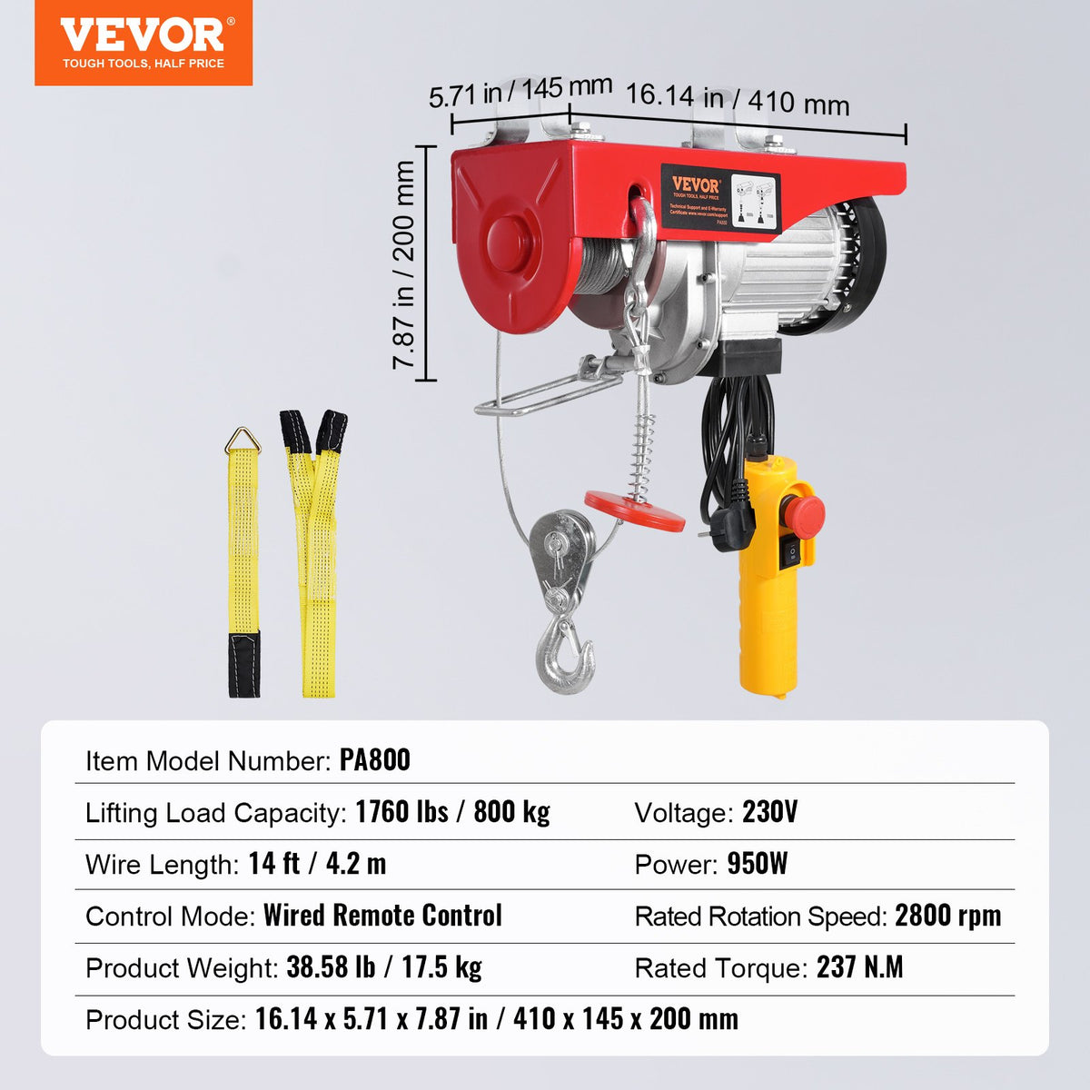 VEVOR Electric Hoist, Winch 800 kg with 4.3 m Remote Control, 230 V