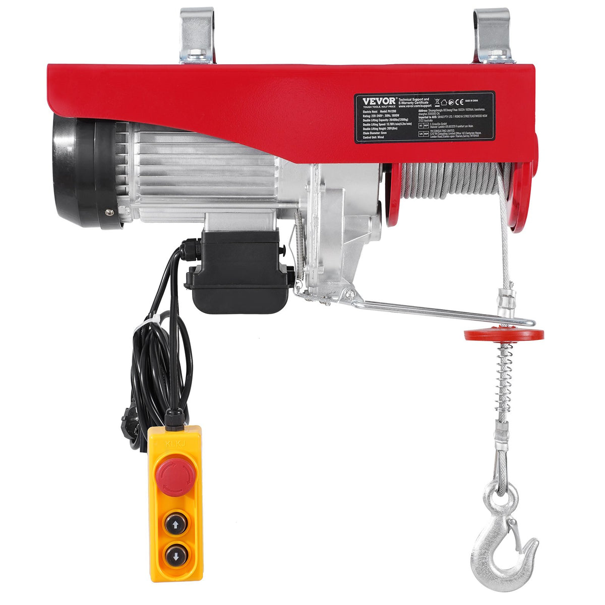VEVOR Electric Hoist Winch, 1198 kg Capacity, with 4.27 m Cable Remote Control, 230 V