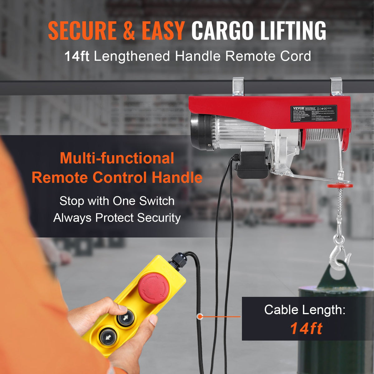 VEVOR Electric Hoist Winch, 1198 kg Capacity, with 4.27 m Cable Remote Control, 230 V