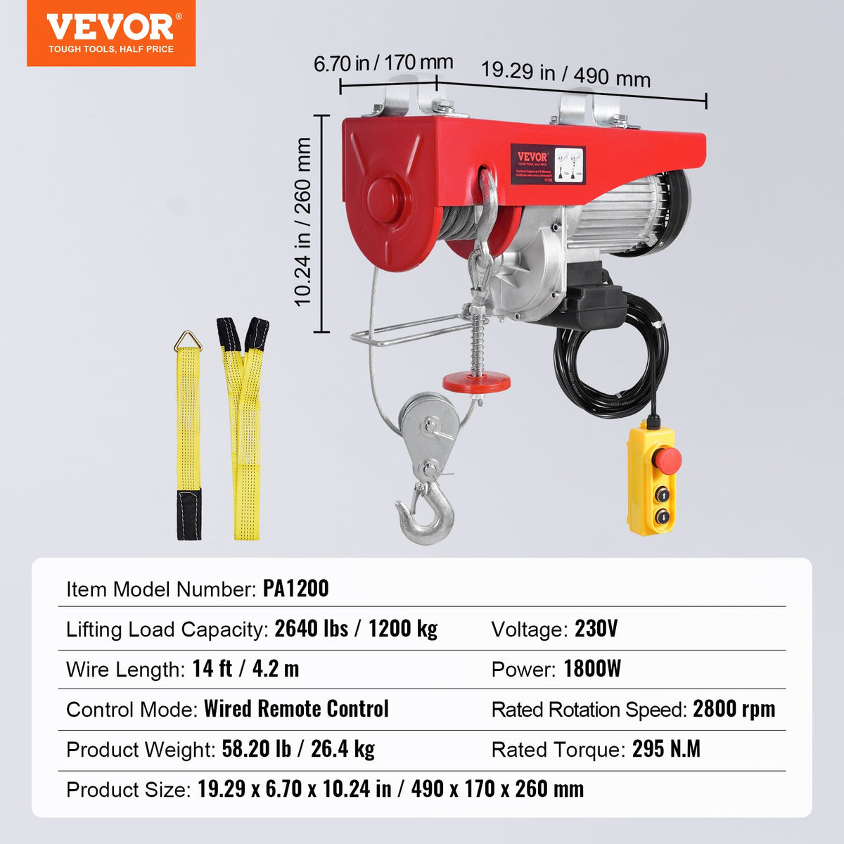 VEVOR Electric Hoist Winch, 1198 kg Capacity, with 4.27 m Cable Remote Control, 230 V