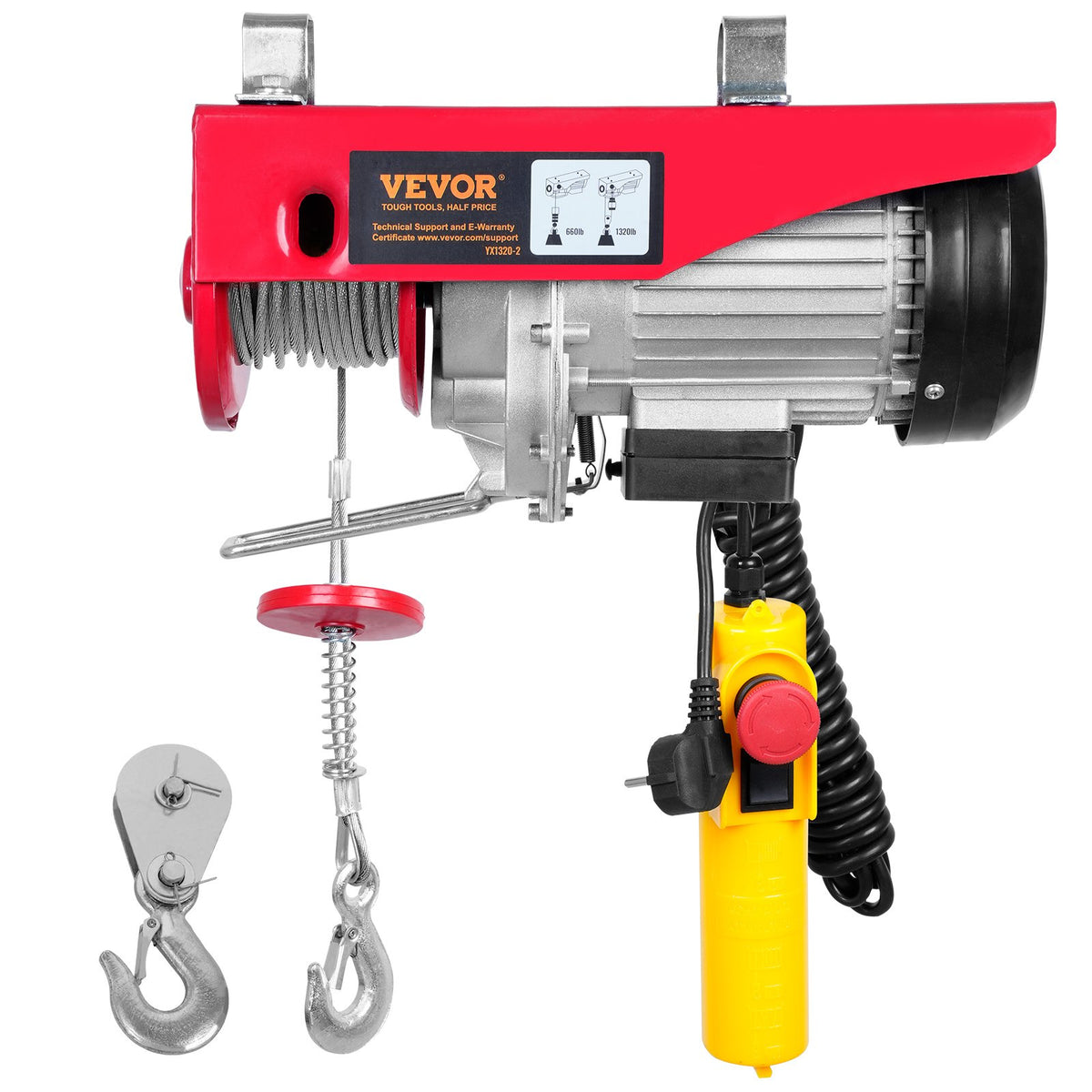 VEVOR Electric Hoist, 600 kg Lifting Capacity, 1150 W, 220 V Steel Wire Rope Winch with 4.3 m Remote Control Cable, 12 m Lifting Height (Single Rope), Pure Copper Motor, Suitable for Garage, Warehouse, Factory