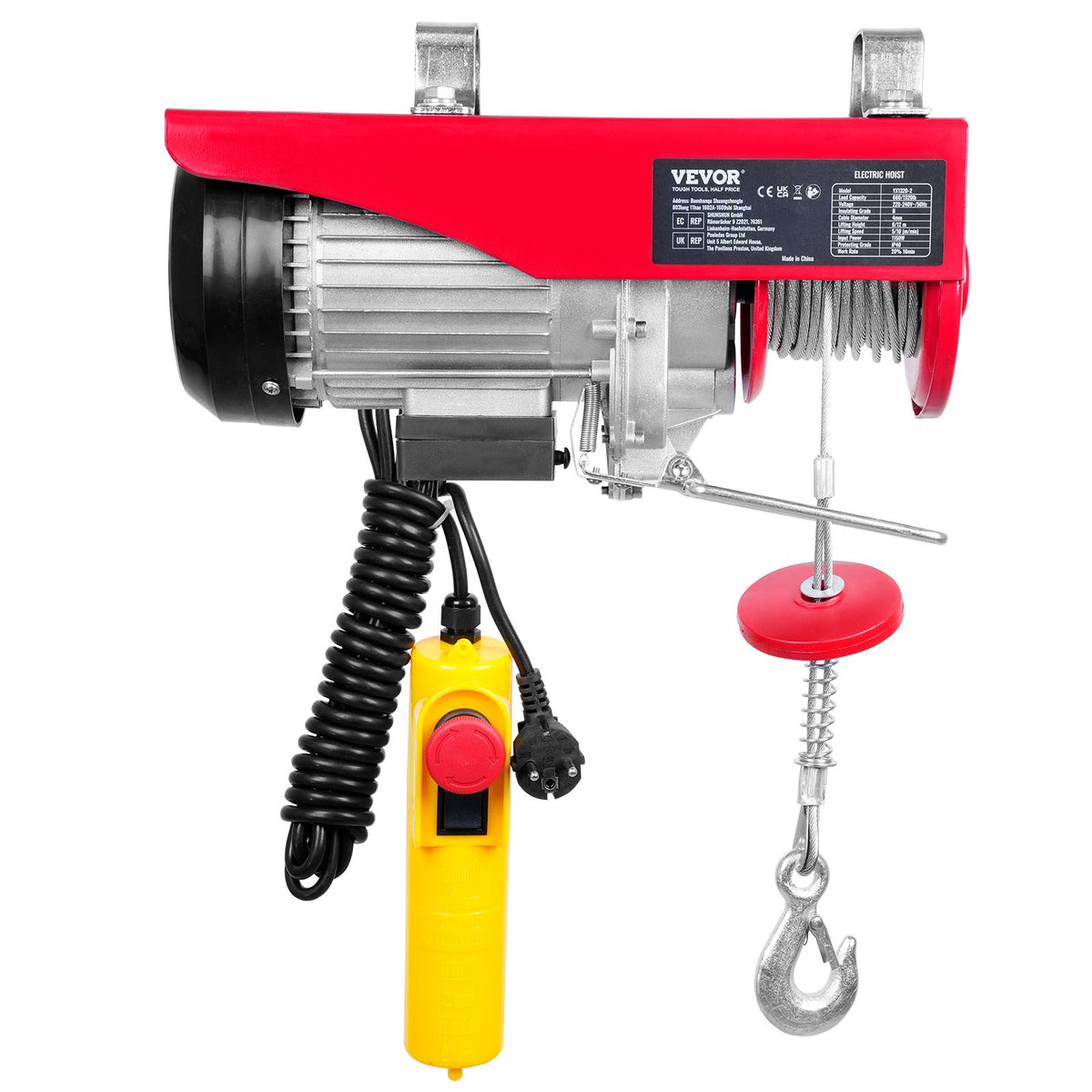 VEVOR Electric Hoist, 600 kg Lifting Capacity, 1150 W, 220 V Steel Wire Rope Winch with 4.3 m Remote Control Cable, 12 m Lifting Height (Single Rope), Pure Copper Motor, Suitable for Garage, Warehouse, Factory