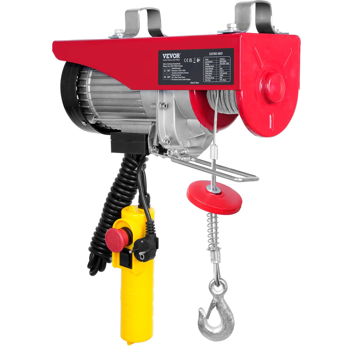 VEVOR Electric Hoist, 600 kg Lifting Capacity, 1150 W, 220 V Steel Wire Rope Winch with 4.3 m Remote Control Cable, 12 m Lifting Height (Single Rope), Pure Copper Motor, Suitable for Garage, Warehouse, Factory