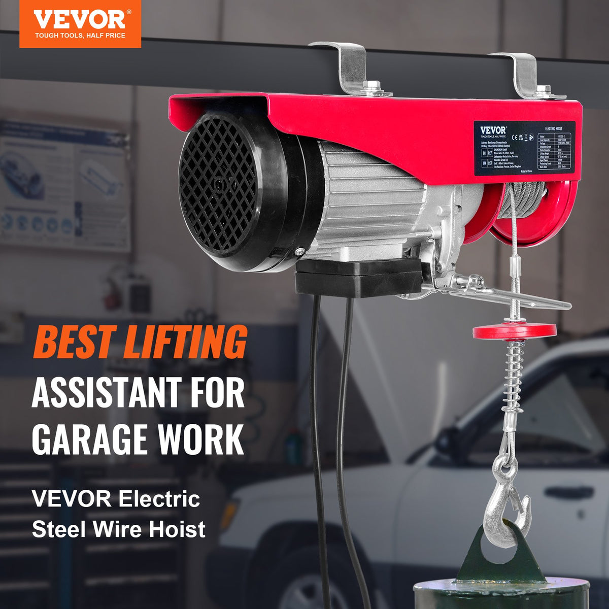 VEVOR Electric Hoist, 600 kg Lifting Capacity, 1150 W, 220 V Steel Wire Rope Winch with 4.3 m Remote Control Cable, 12 m Lifting Height (Single Rope), Pure Copper Motor, Suitable for Garage, Warehouse, Factory