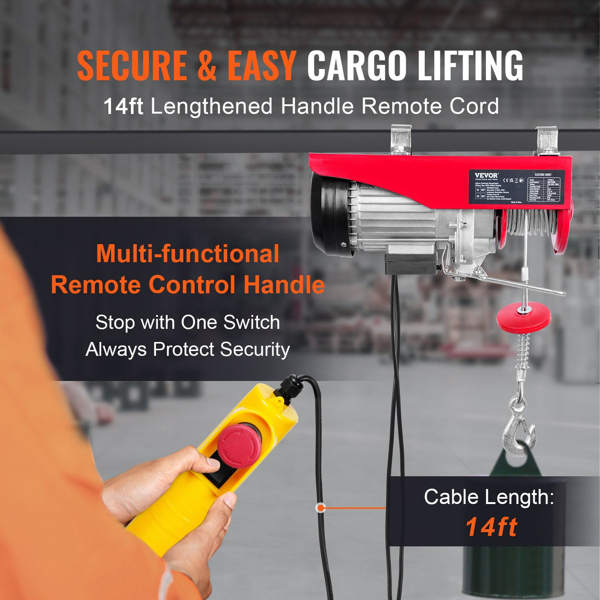 VEVOR Electric Hoist, 600 kg Lifting Capacity, 1150 W, 220 V Steel Wire Rope Winch with 4.3 m Remote Control Cable, 12 m Lifting Height (Single Rope), Pure Copper Motor, Suitable for Garage, Warehouse, Factory