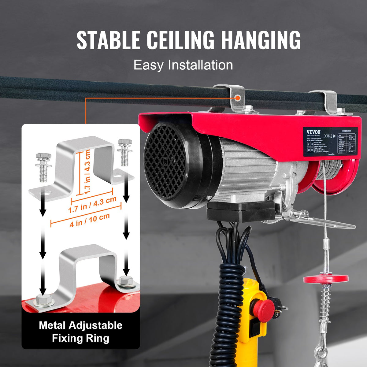 VEVOR Electric Hoist, 600 kg Lifting Capacity, 1150 W, 220 V Steel Wire Rope Winch with 4.3 m Remote Control Cable, 12 m Lifting Height (Single Rope), Pure Copper Motor, Suitable for Garage, Warehouse, Factory