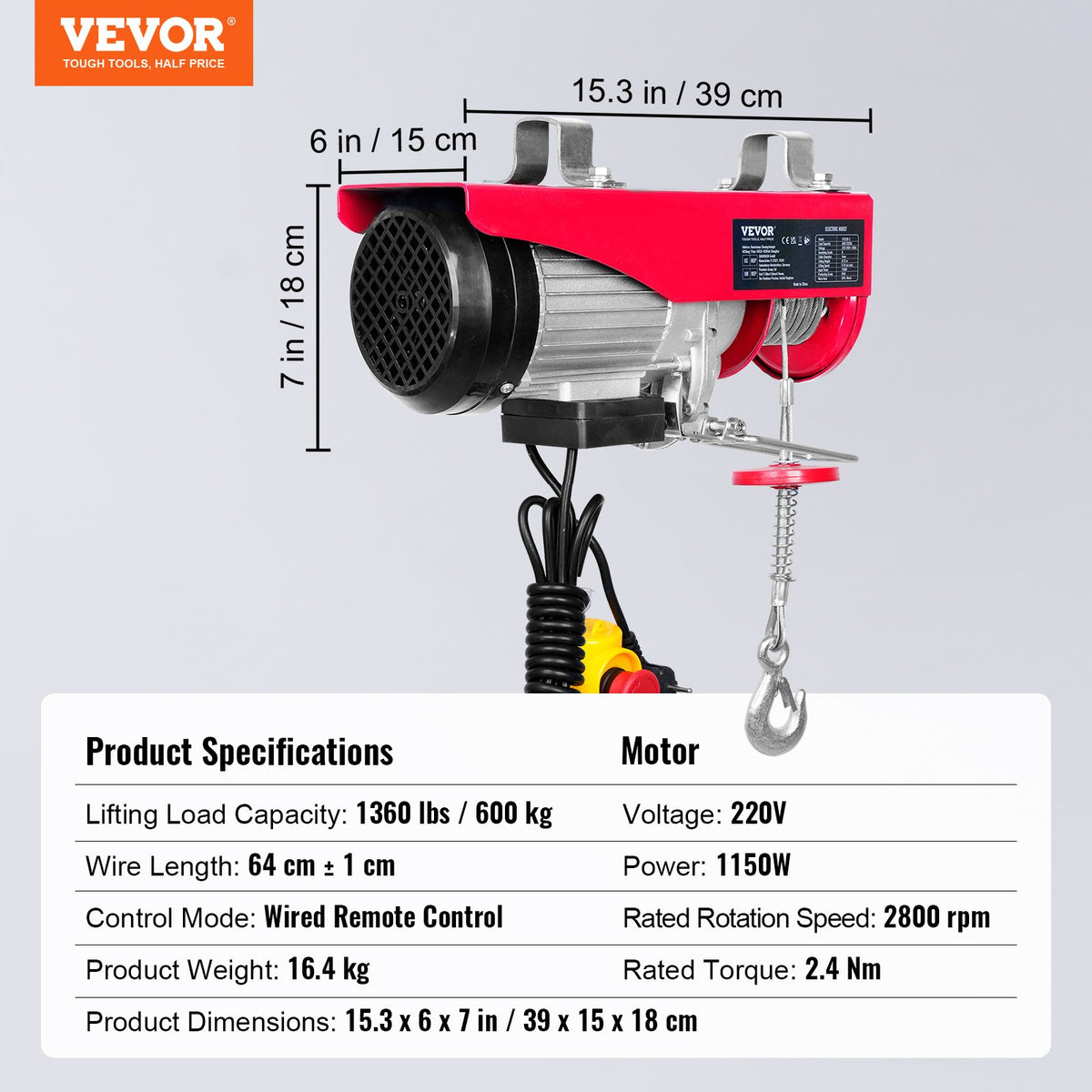 VEVOR Electric Hoist, 600 kg Lifting Capacity, 1150 W, 220 V Steel Wire Rope Winch with 4.3 m Remote Control Cable, 12 m Lifting Height (Single Rope), Pure Copper Motor, Suitable for Garage, Warehouse, Factory