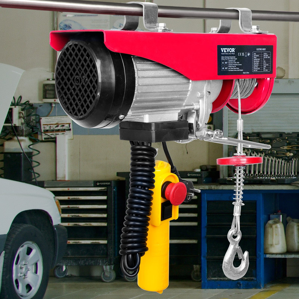VEVOR Electric Hoist, 600 kg Lifting Capacity, 1150 W, 220 V Steel Wire Rope Winch with 4.3 m Remote Control Cable, 12 m Lifting Height (Single Rope), Pure Copper Motor, Suitable for Garage, Warehouse, Factory