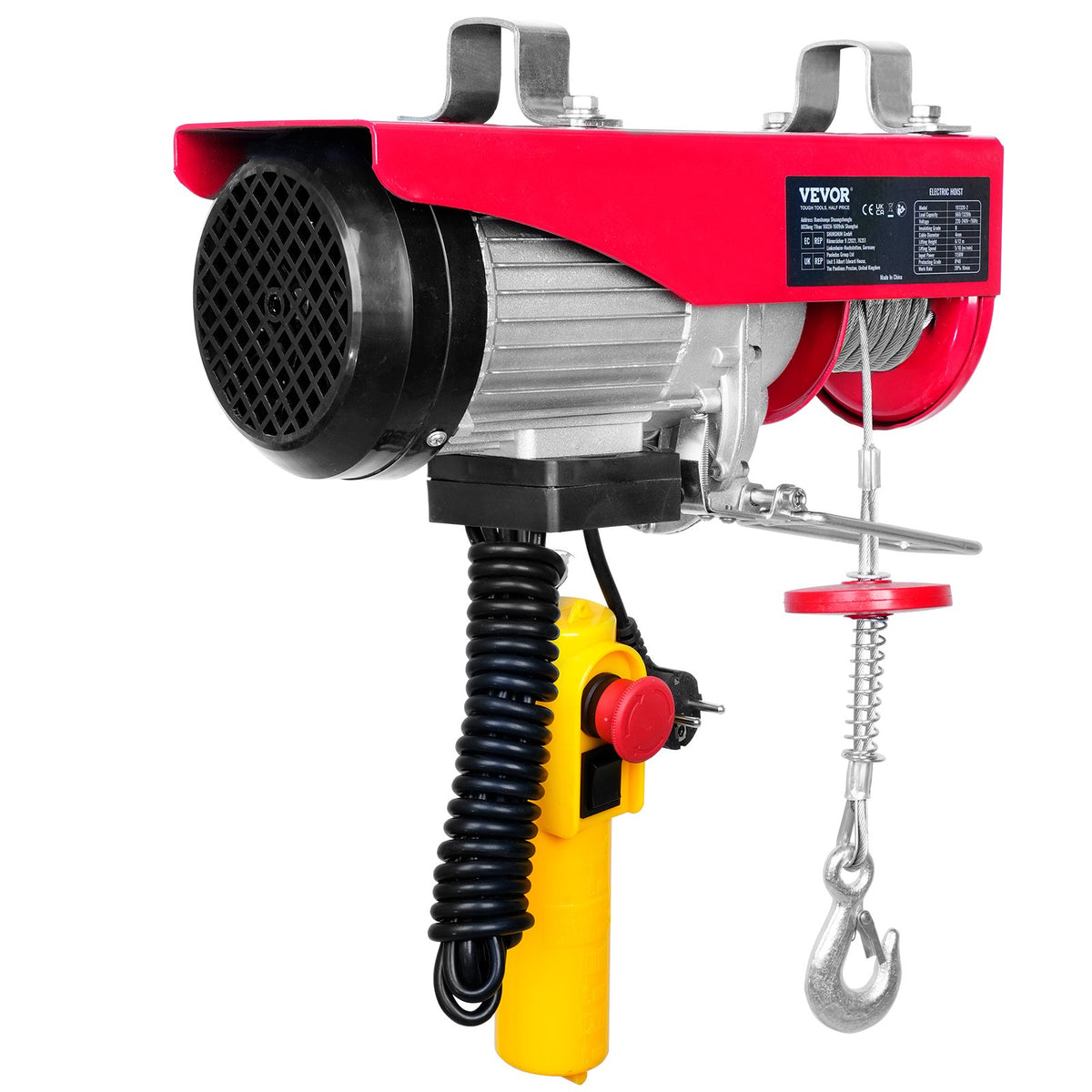 VEVOR Electric Hoist, 600 kg Lifting Capacity, 1150 W, 220 V Steel Wire Rope Winch with 4.3 m Remote Control Cable, 12 m Lifting Height (Single Rope), Pure Copper Motor, Suitable for Garage, Warehouse, Factory