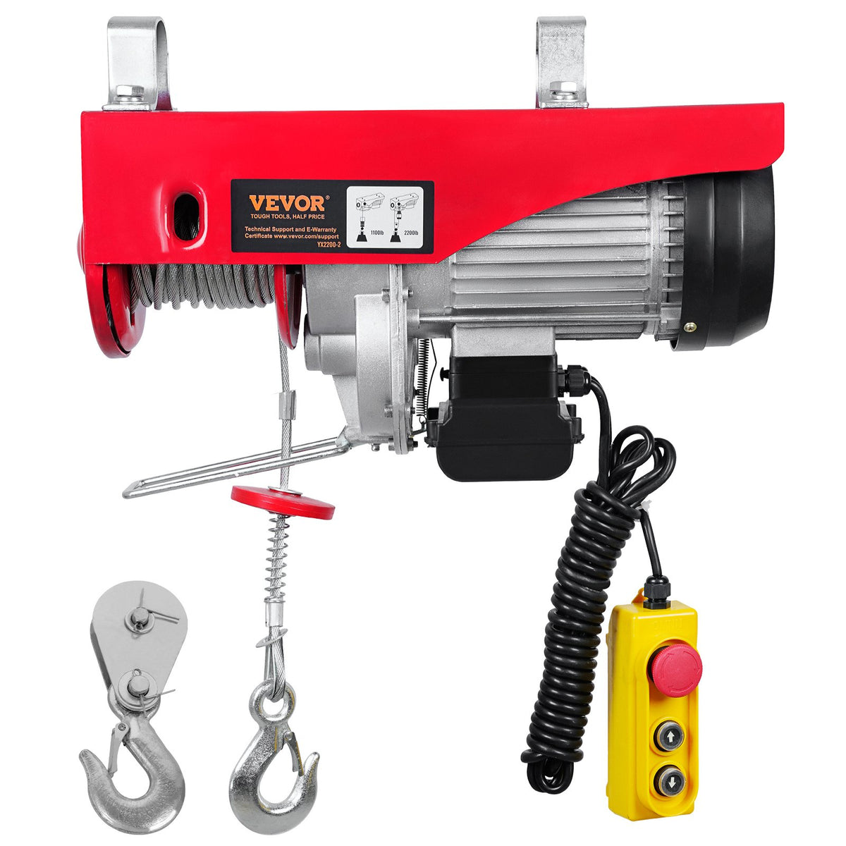 VEVOR Electric Hoist, 1000 kg Lifting Capacity, 1600 W, 220 V Steel Wire Rope Winch with 4.3 m Remote Control Cable, 12 m Lifting Height (Single Rope), Pure Copper Motor, for Garage, Warehouse, Factory