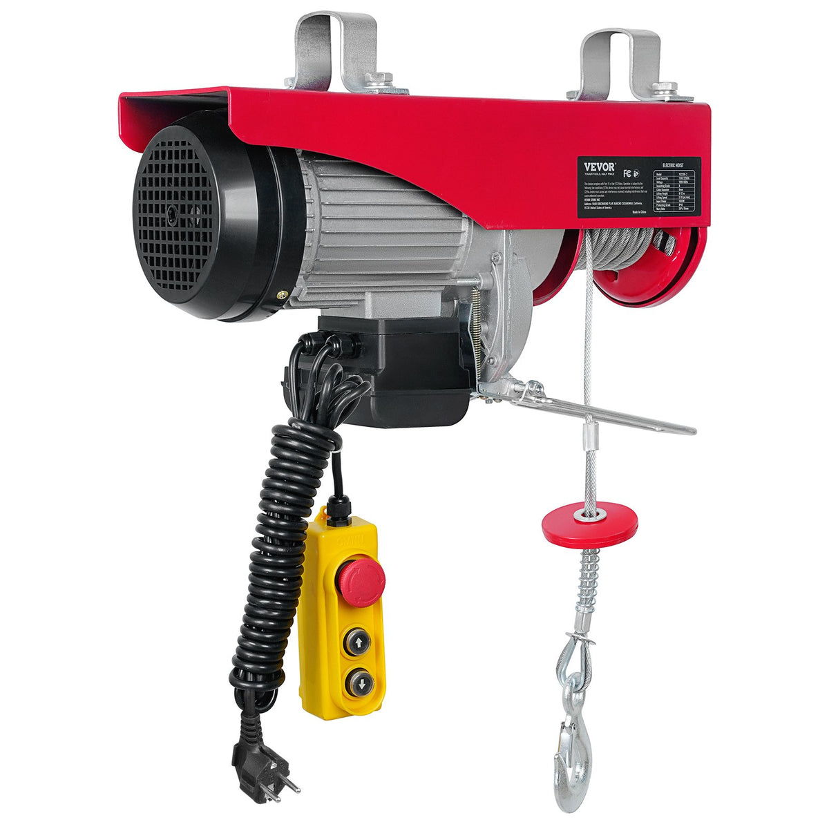 VEVOR Electric Hoist, 1000 kg Lifting Capacity, 1600 W, 220 V Steel Wire Rope Winch with 4.3 m Remote Control Cable, 12 m Lifting Height (Single Rope), Pure Copper Motor, for Garage, Warehouse, Factory