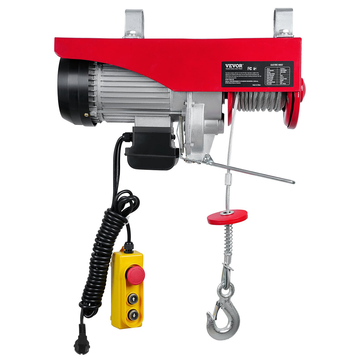 VEVOR Electric Hoist, 1000 kg Lifting Capacity, 1600 W, 220 V Steel Wire Rope Winch with 4.3 m Remote Control Cable, 12 m Lifting Height (Single Rope), Pure Copper Motor, for Garage, Warehouse, Factory