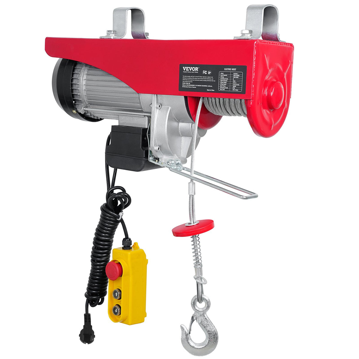 VEVOR Electric Hoist, 1000 kg Lifting Capacity, 1600 W, 220 V Steel Wire Rope Winch with 4.3 m Remote Control Cable, 12 m Lifting Height (Single Rope), Pure Copper Motor, for Garage, Warehouse, Factory