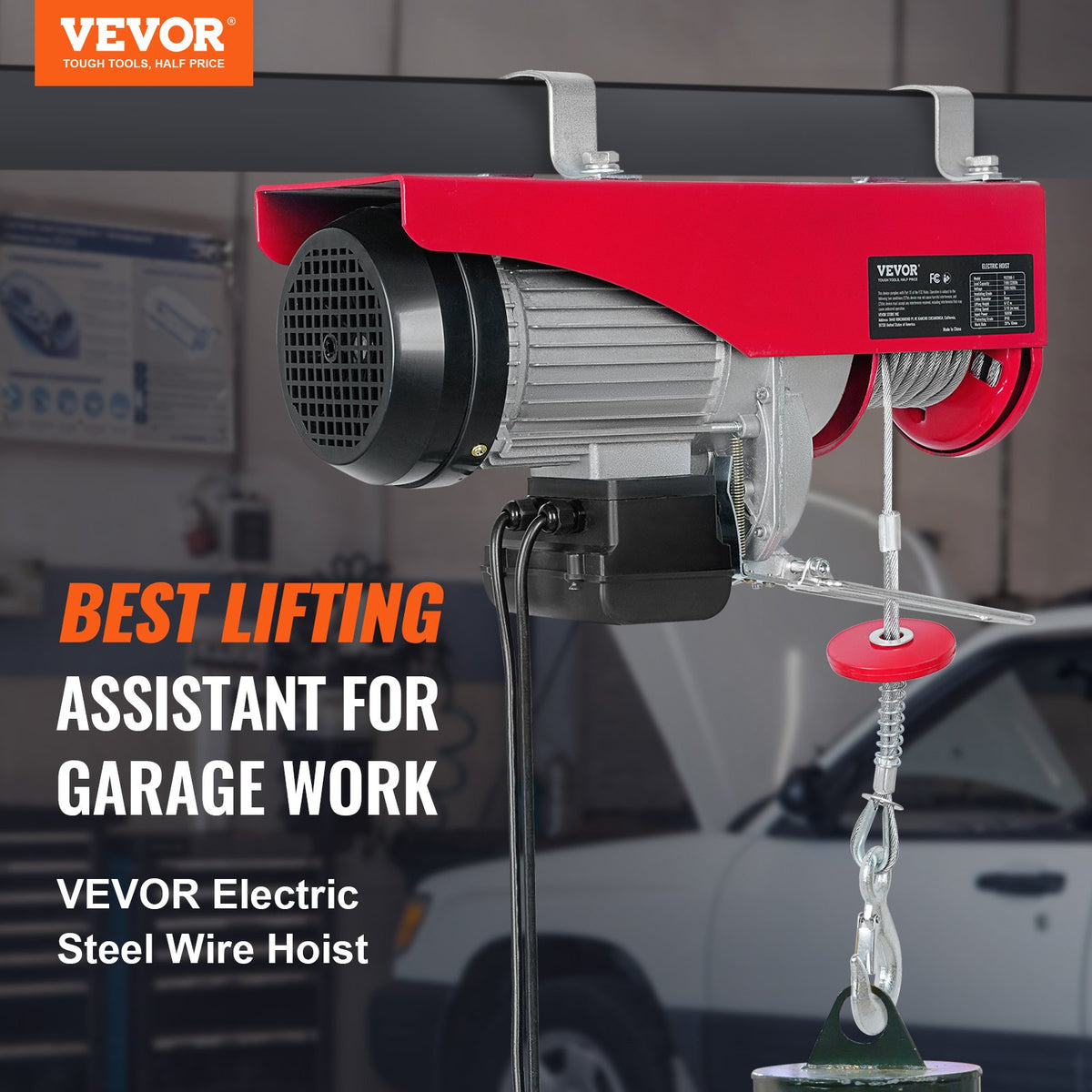VEVOR Electric Hoist, 1000 kg Lifting Capacity, 1600 W, 220 V Steel Wire Rope Winch with 4.3 m Remote Control Cable, 12 m Lifting Height (Single Rope), Pure Copper Motor, for Garage, Warehouse, Factory