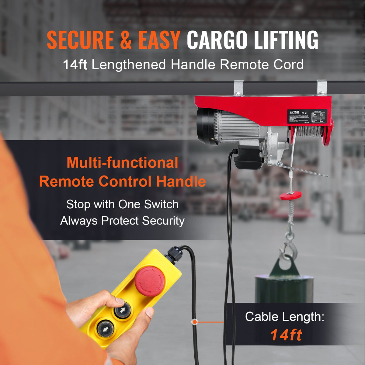 VEVOR Electric Hoist, 1000 kg Lifting Capacity, 1600 W, 220 V Steel Wire Rope Winch with 4.3 m Remote Control Cable, 12 m Lifting Height (Single Rope), Pure Copper Motor, for Garage, Warehouse, Factory