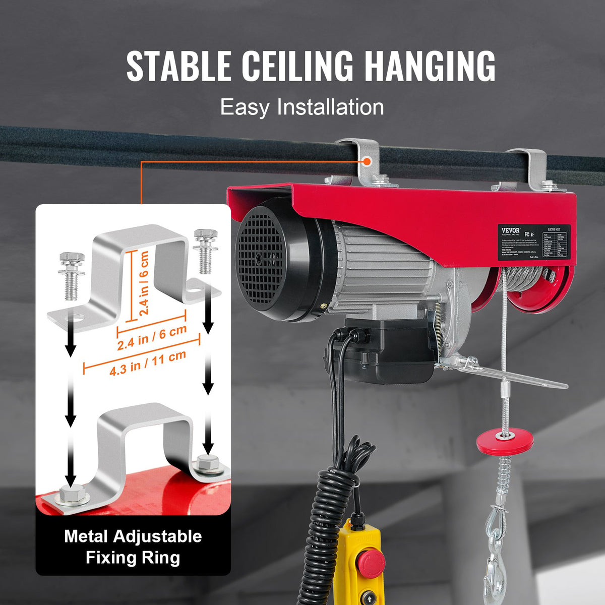 VEVOR Electric Hoist, 1000 kg Lifting Capacity, 1600 W, 220 V Steel Wire Rope Winch with 4.3 m Remote Control Cable, 12 m Lifting Height (Single Rope), Pure Copper Motor, for Garage, Warehouse, Factory