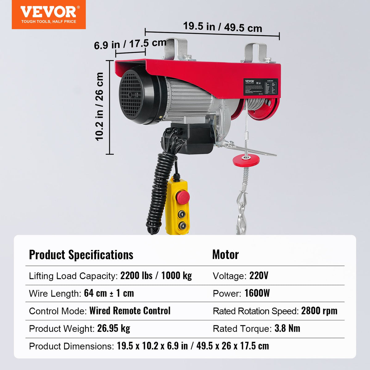 VEVOR Electric Hoist, 1000 kg Lifting Capacity, 1600 W, 220 V Steel Wire Rope Winch with 4.3 m Remote Control Cable, 12 m Lifting Height (Single Rope), Pure Copper Motor, for Garage, Warehouse, Factory