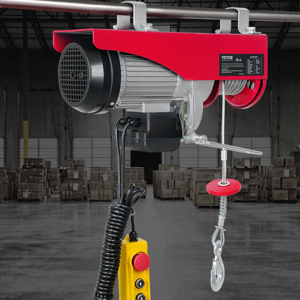 VEVOR Electric Hoist, 1000 kg Lifting Capacity, 1600 W, 220 V Steel Wire Rope Winch with 4.3 m Remote Control Cable, 12 m Lifting Height (Single Rope), Pure Copper Motor, for Garage, Warehouse, Factory