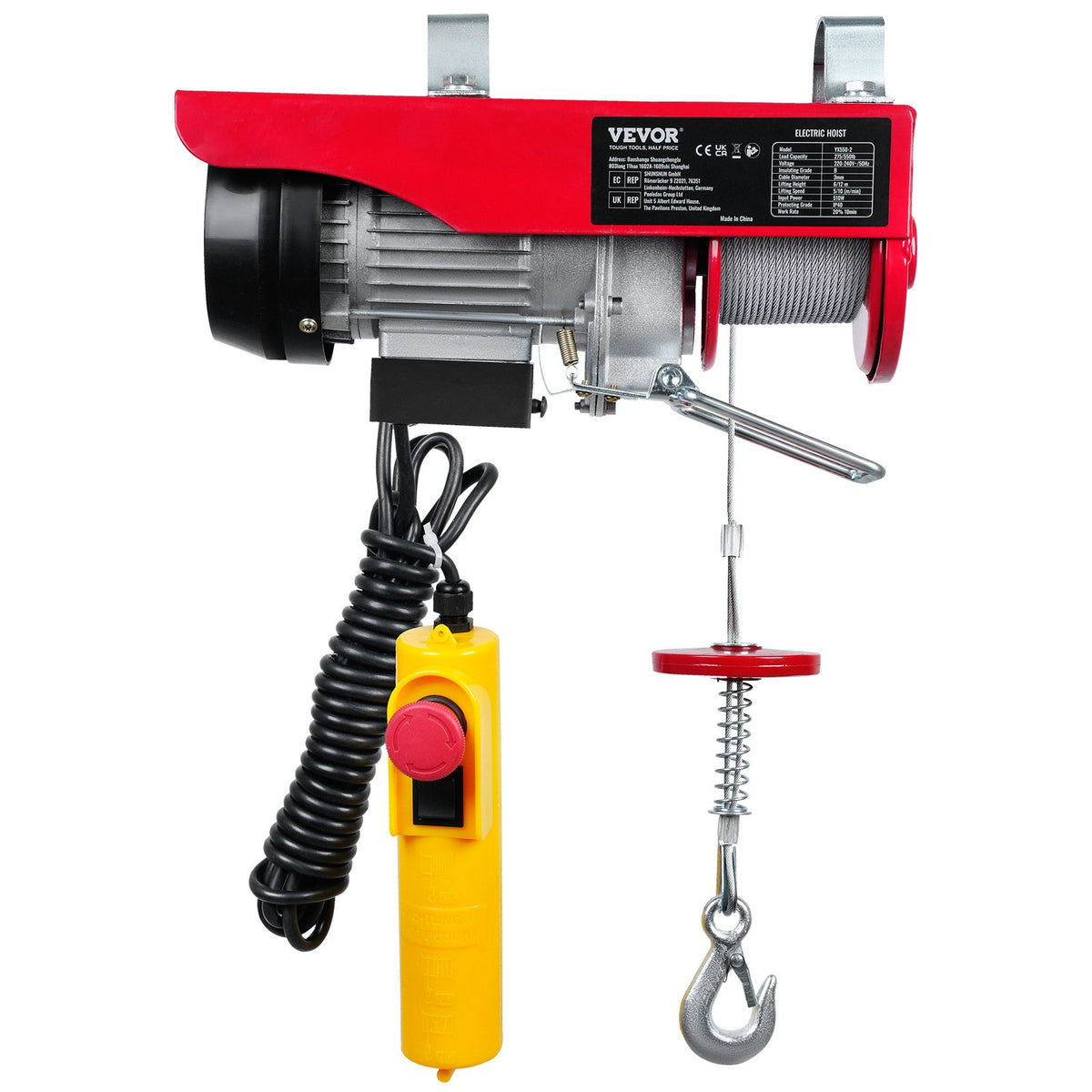 VEVOR Electric Hoist, 250 kg Lifting Capacity, 510W 220V Steel Wire Winch, 12 m Lifting Height, Pure Copper Motor, 4.2 m Remote Control Cable, for Garages and Warehouses