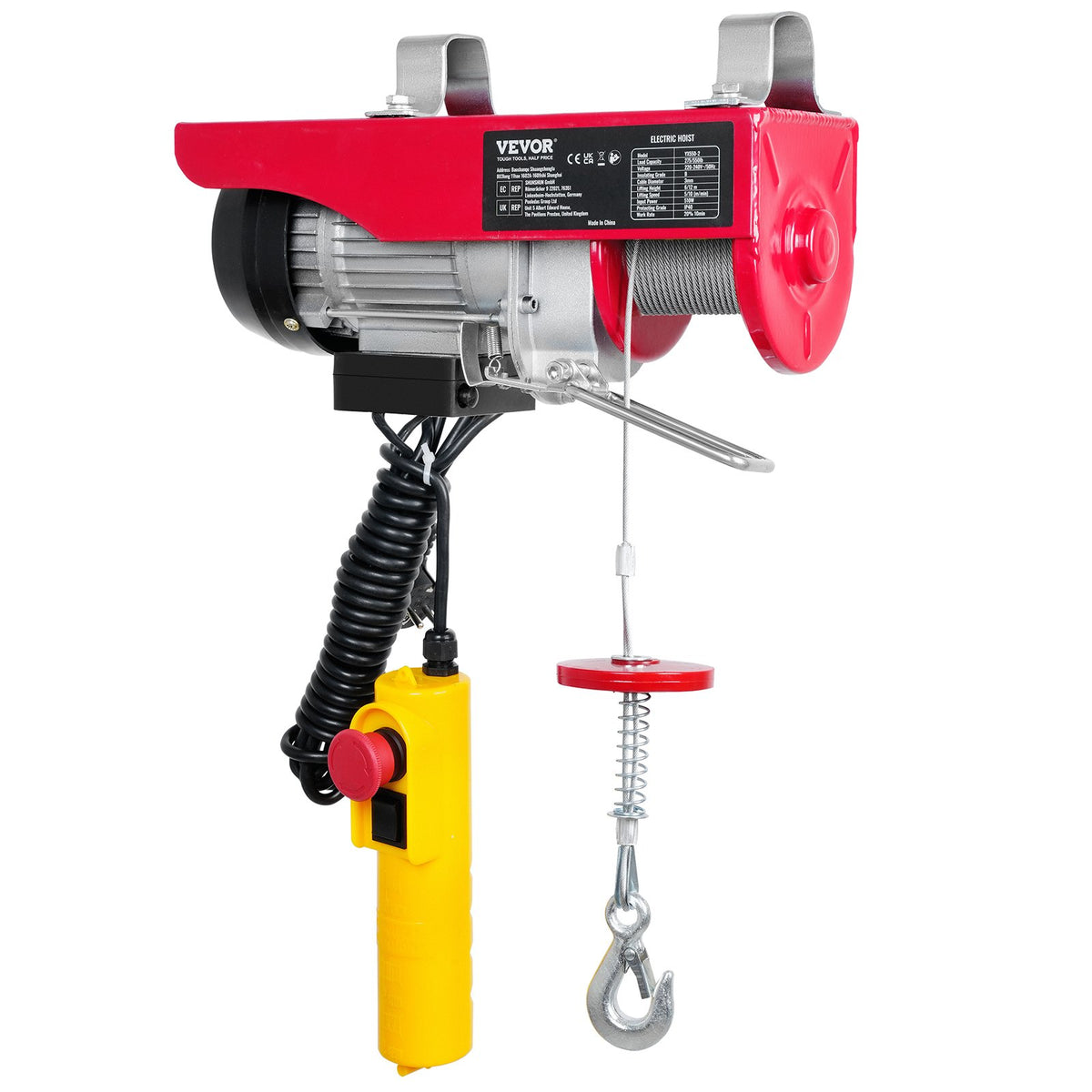 VEVOR Electric Hoist, 250 kg Lifting Capacity, 510W 220V Steel Wire Winch, 12 m Lifting Height, Pure Copper Motor, 4.2 m Remote Control Cable, for Garages and Warehouses