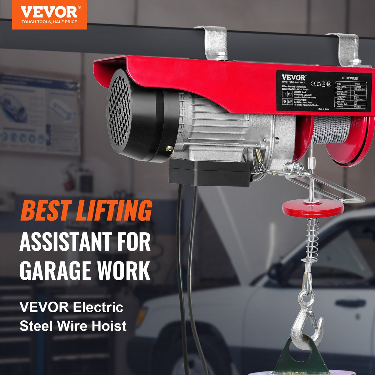 VEVOR Electric Hoist, 250 kg Lifting Capacity, 510W 220V Steel Wire Winch, 12 m Lifting Height, Pure Copper Motor, 4.2 m Remote Control Cable, for Garages and Warehouses