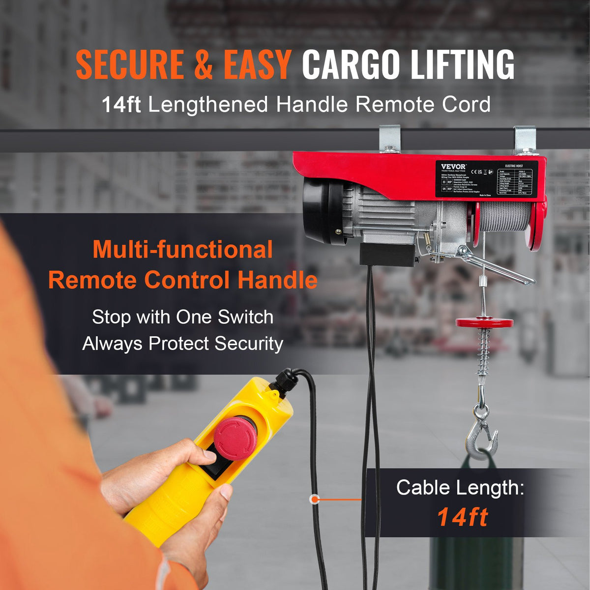 VEVOR Electric Hoist, 250 kg Lifting Capacity, 510W 220V Steel Wire Winch, 12 m Lifting Height, Pure Copper Motor, 4.2 m Remote Control Cable, for Garages and Warehouses