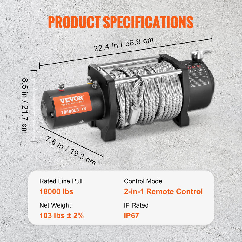 VEVOR elektriskā vinča – 8165 kg ar IP67 aizsardzību, tērauda trosi un bezvadu tālvadību
