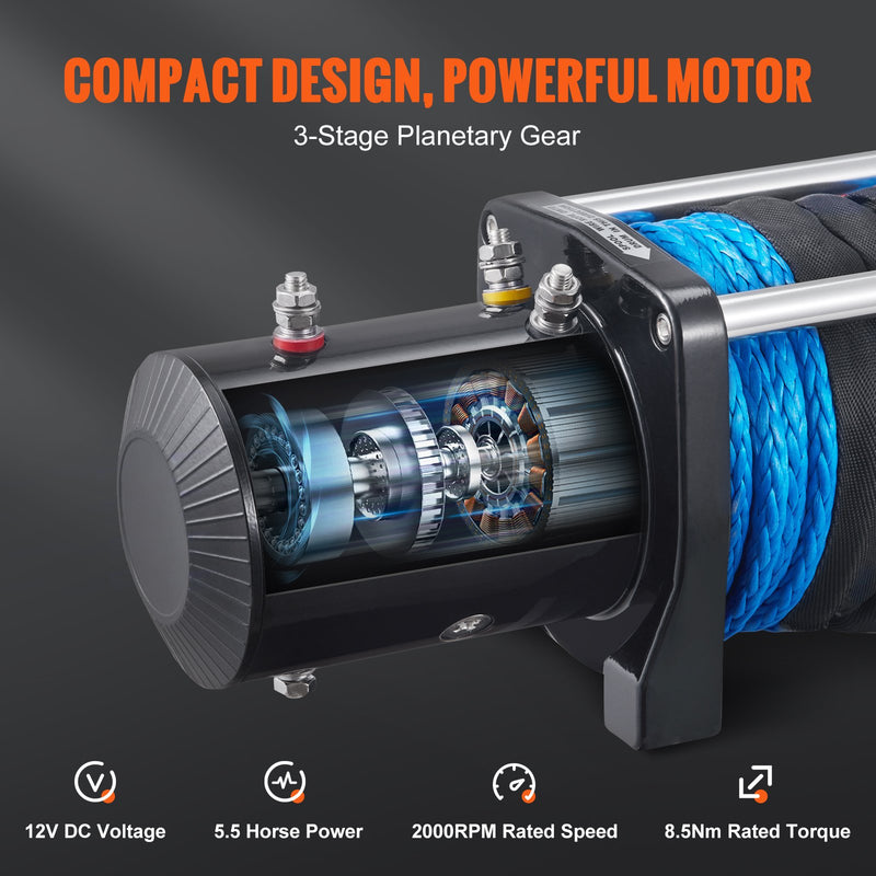 VEVOR elektriskā vinča - 12V, 3629 kg ar neilona virvi, IP67, ar bezvadu tālvadības pulti un hawse vadotni