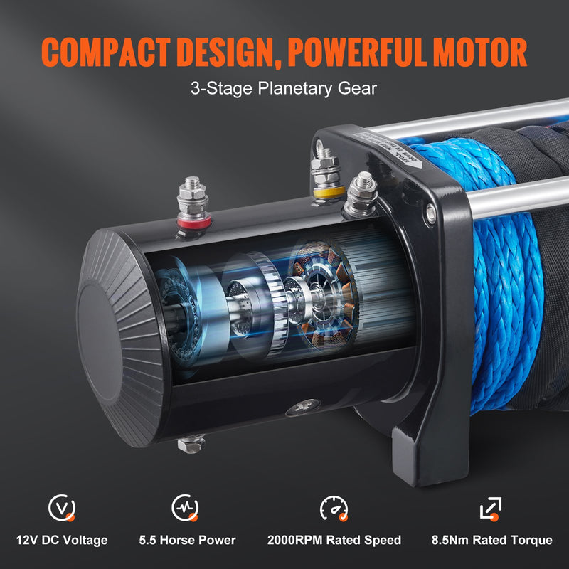 VEVOR elektriskā vinča – 12V, 3629 kg ar neilona virvi, IP67, ar bezvadu tālvadības pulti un hawse vadotni