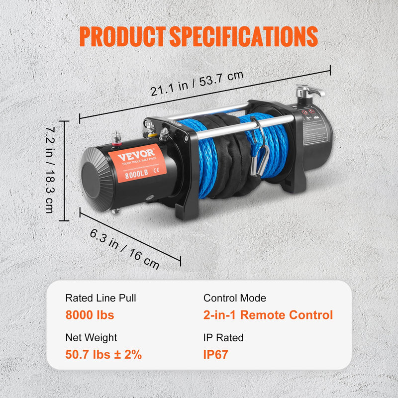 VEVOR elektriskā vinča - 12V, 3629 kg ar neilona virvi, IP67, ar bezvadu tālvadības pulti un hawse vadotni