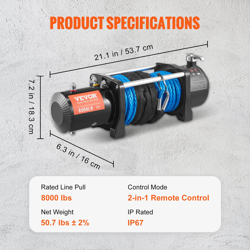 VEVOR elektriskā vinča – 12V, 3629 kg ar neilona virvi, IP67, ar bezvadu tālvadības pulti un hawse vadotni