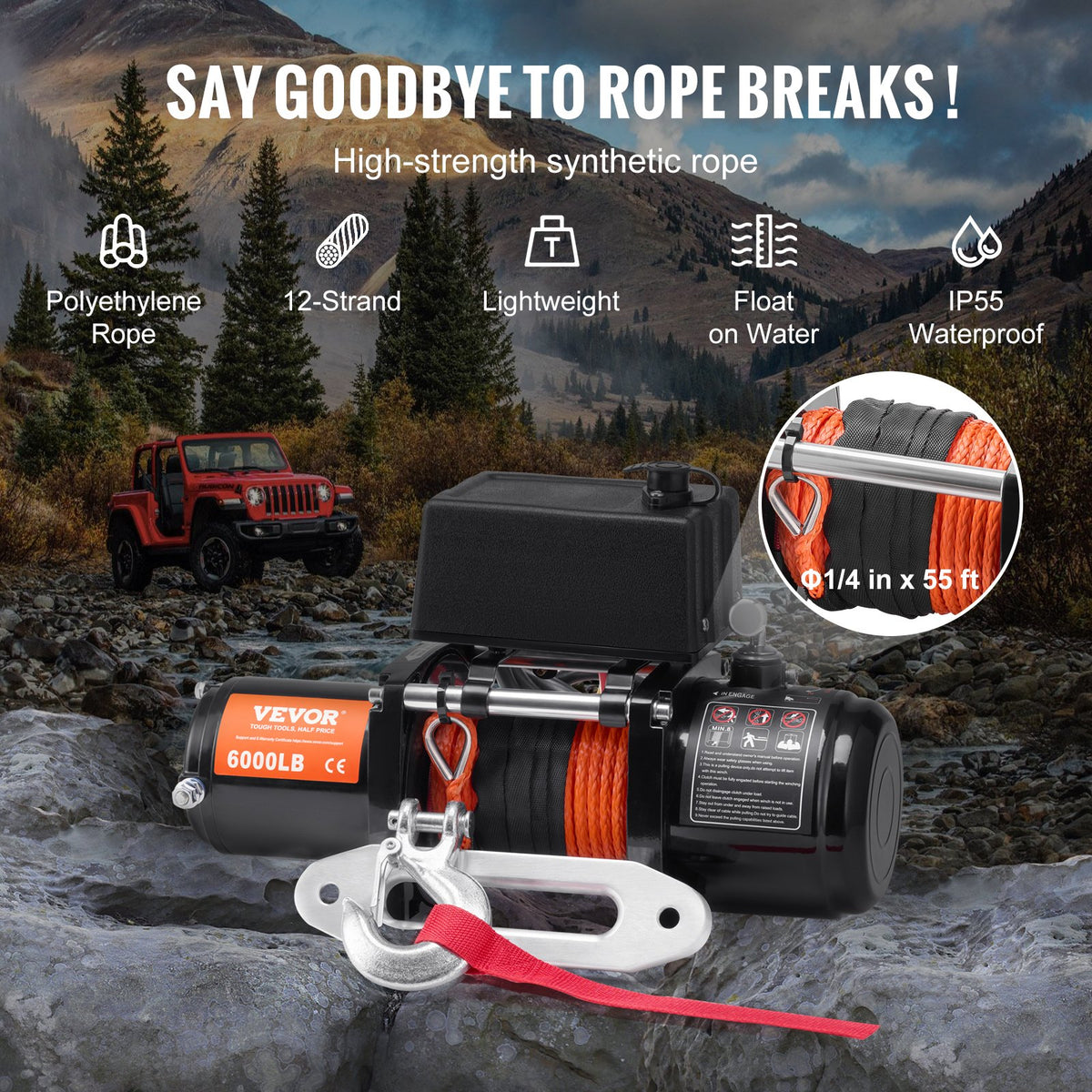 VEVOR Electric Winch for Cargo Vehicle, 2722 kg Load Capacity, with Synthetic Rope and Waterproof Remote Control