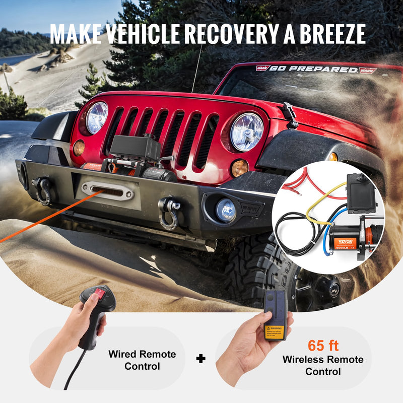VEVOR elektriskā vinča kravas auto vajadzībām, 2722 kg vilkšanas jauda, ar sintētisko trosi, ūdensizturīga, ar tālvadības pulti