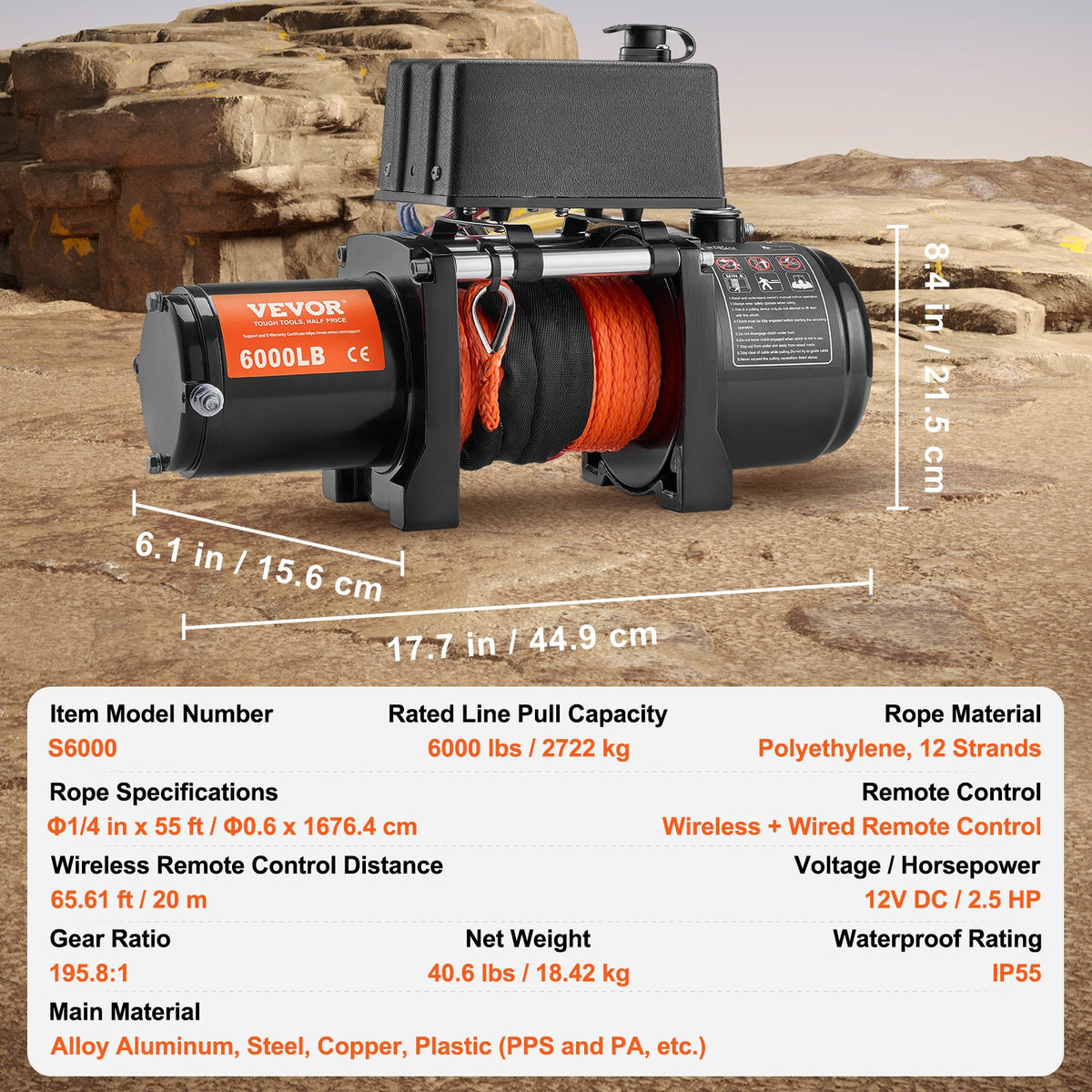 VEVOR Electric Winch for Cargo Vehicle, 2722 kg Load Capacity, with Synthetic Rope and Waterproof Remote Control