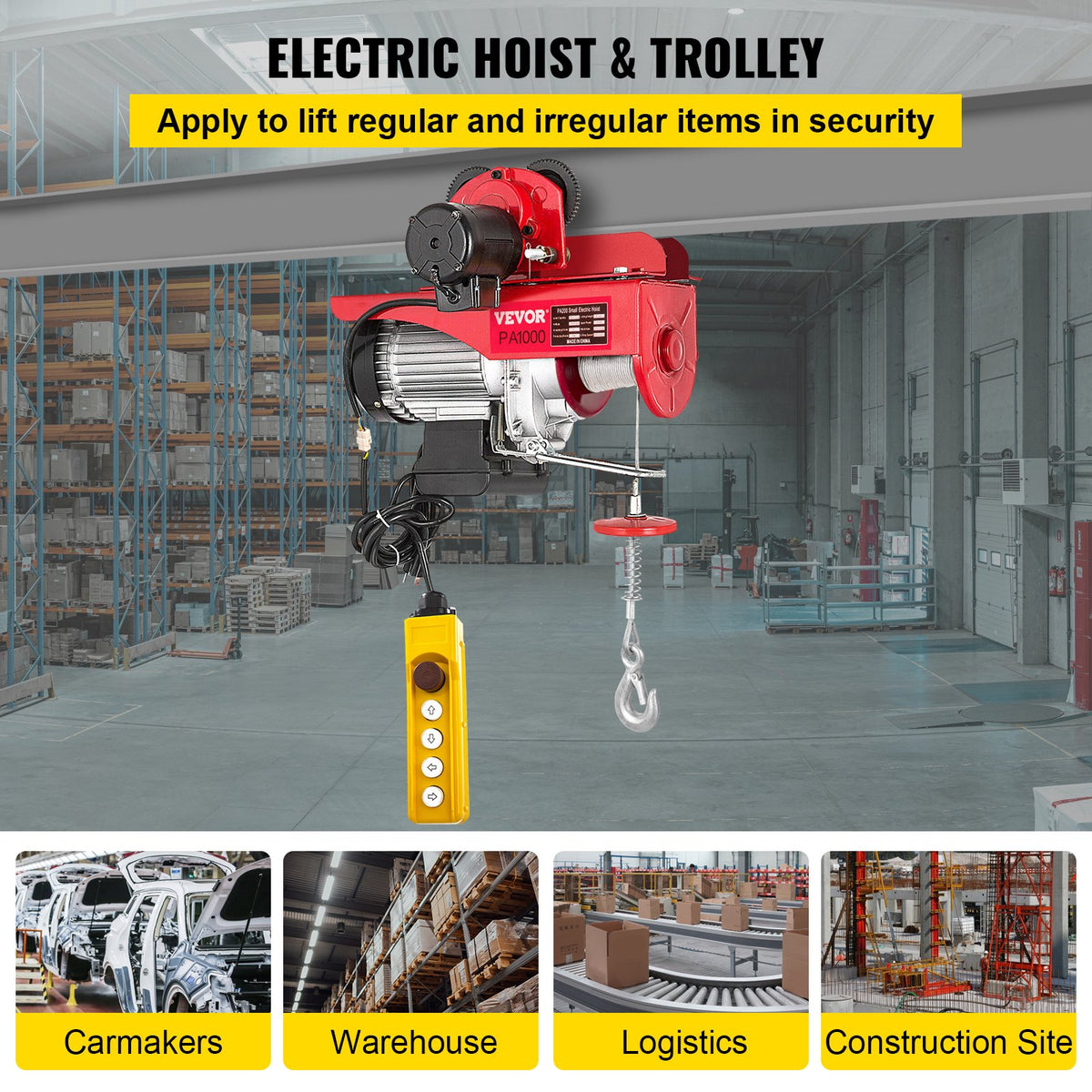 VEVOR Electric Wire Rope Hoist with Trolley, 1000 kg Load Capacity, with Remote Control, Suitable for Industrial Use
