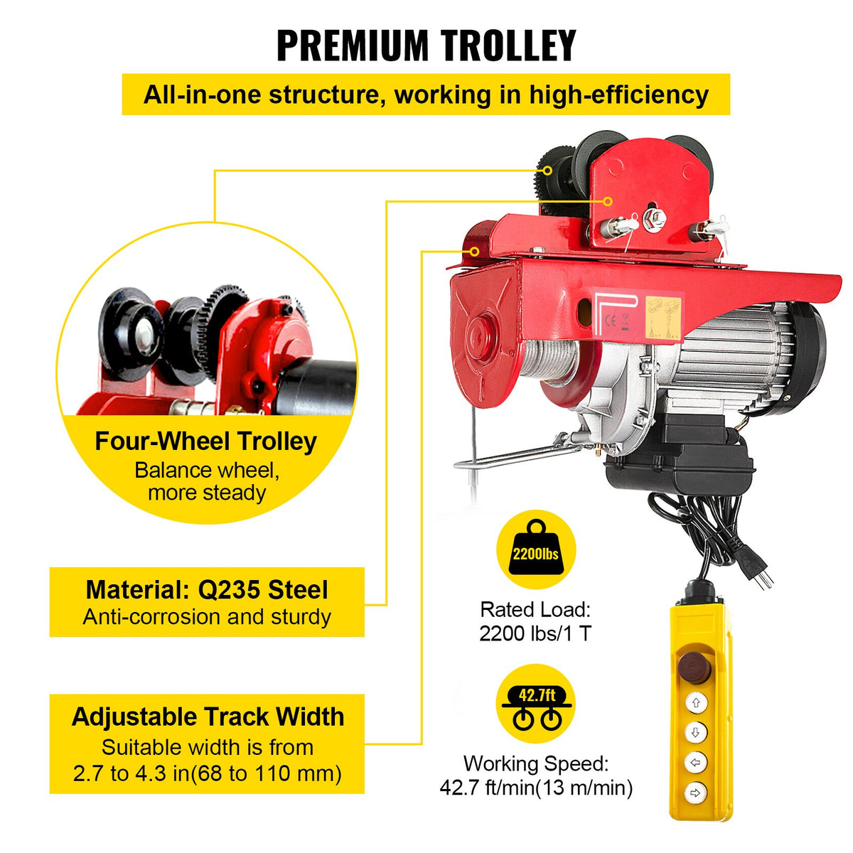 VEVOR Electric Wire Rope Hoist with Trolley, 1000 kg Load Capacity, with Remote Control, Suitable for Industrial Use