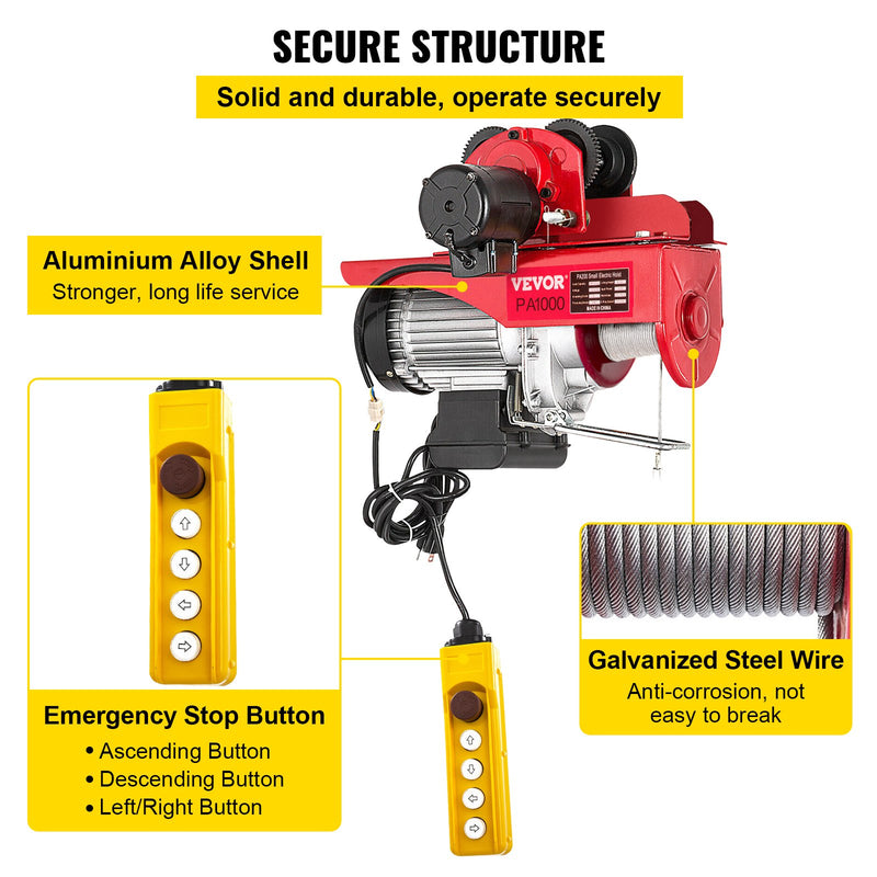 VEVOR elektriskais troses pacēlājs ar ratiņiem un tālvadību, 1000 kg celtspēja