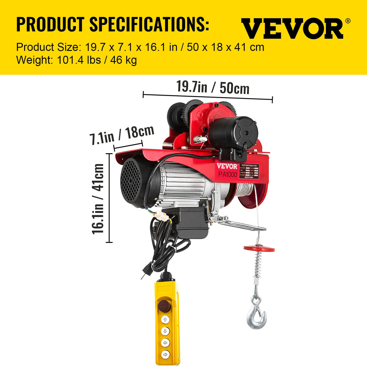 VEVOR Electric Wire Rope Hoist with Trolley, 1000 kg Load Capacity, with Remote Control, Suitable for Industrial Use
