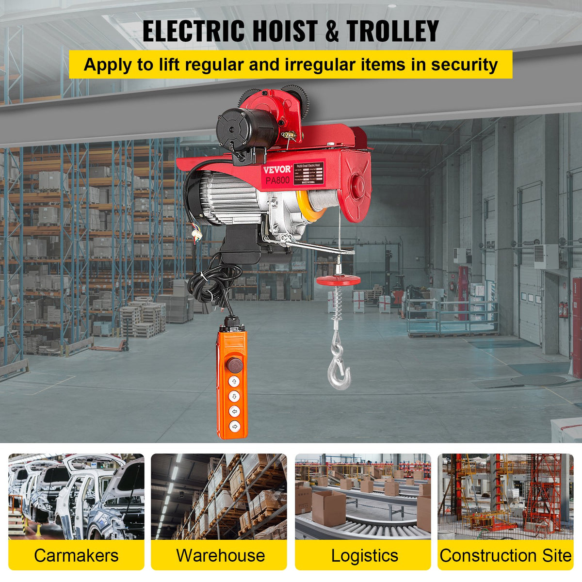 VEVOR Electric Hoist with Trolley, 1300 W Power, 800 kg Load Capacity, 12 m Dual Rope Lifting Height, Steel Construction with Pallet Lifting Attachment, Suitable for Garage