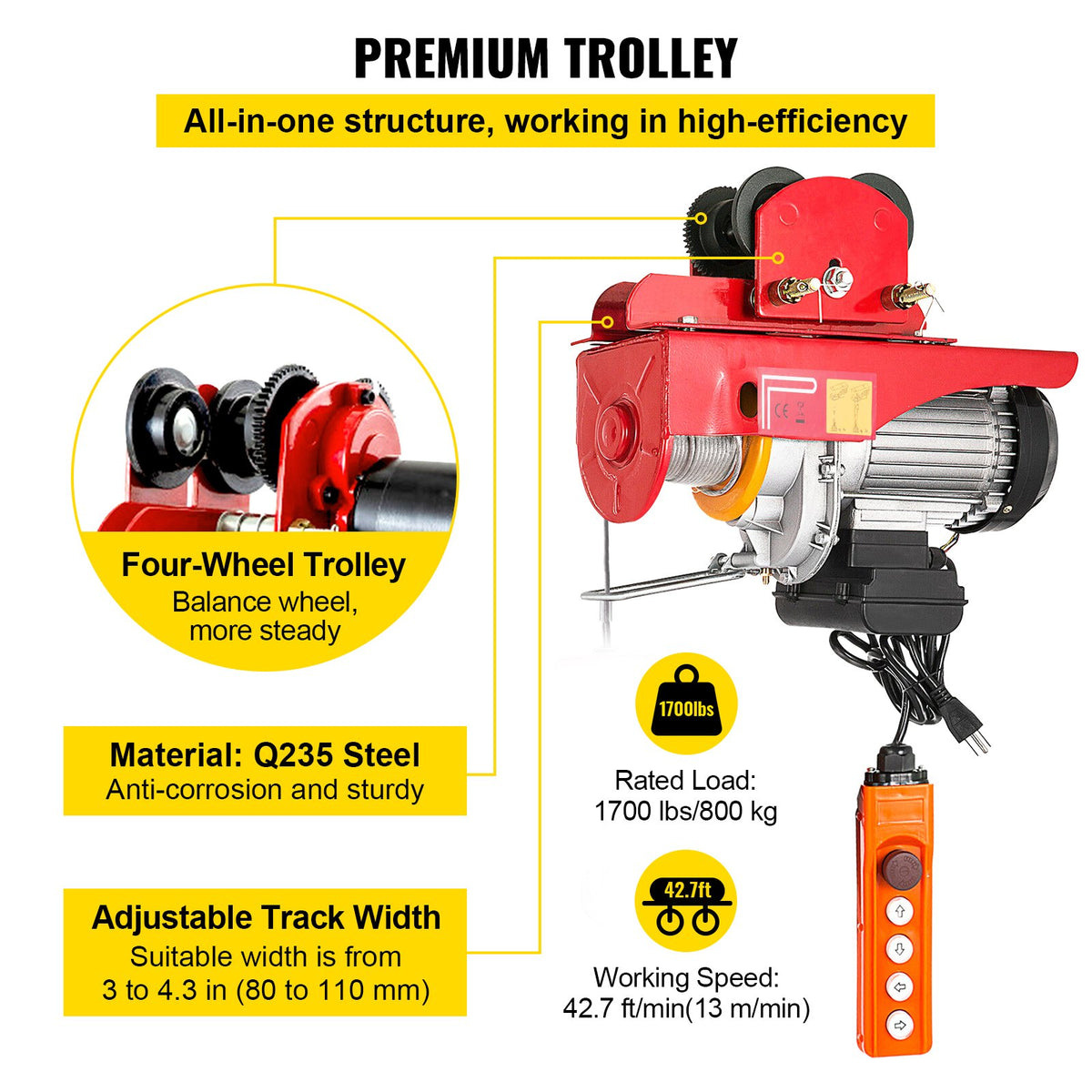 VEVOR Electric Hoist with Trolley, 1300 W Power, 800 kg Load Capacity, 12 m Dual Rope Lifting Height, Steel Construction with Pallet Lifting Attachment, Suitable for Garage