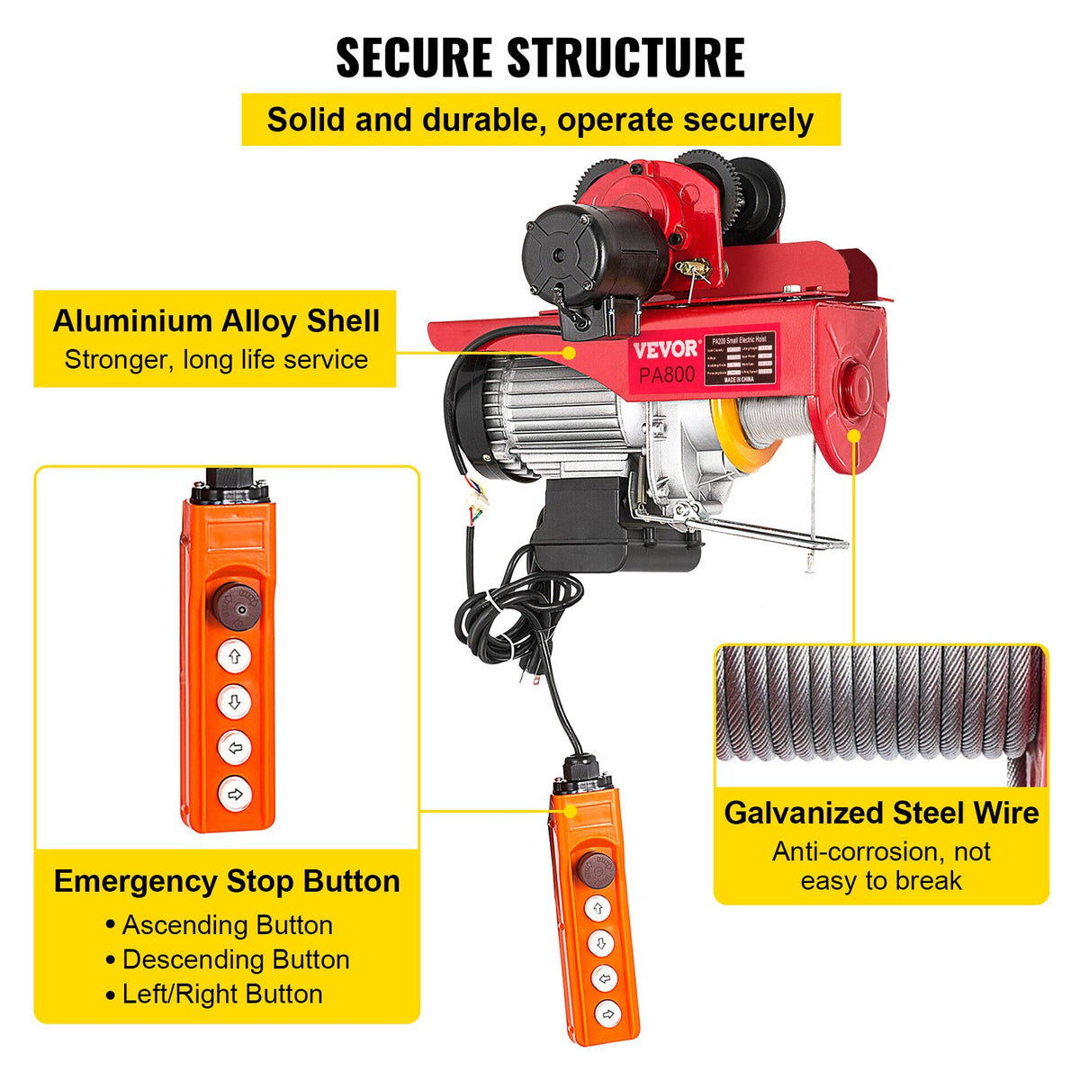 VEVOR Electric Hoist with Trolley, 1300 W Power, 800 kg Load Capacity, 12 m Dual Rope Lifting Height, Steel Construction with Pallet Lifting Attachment, Suitable for Garage