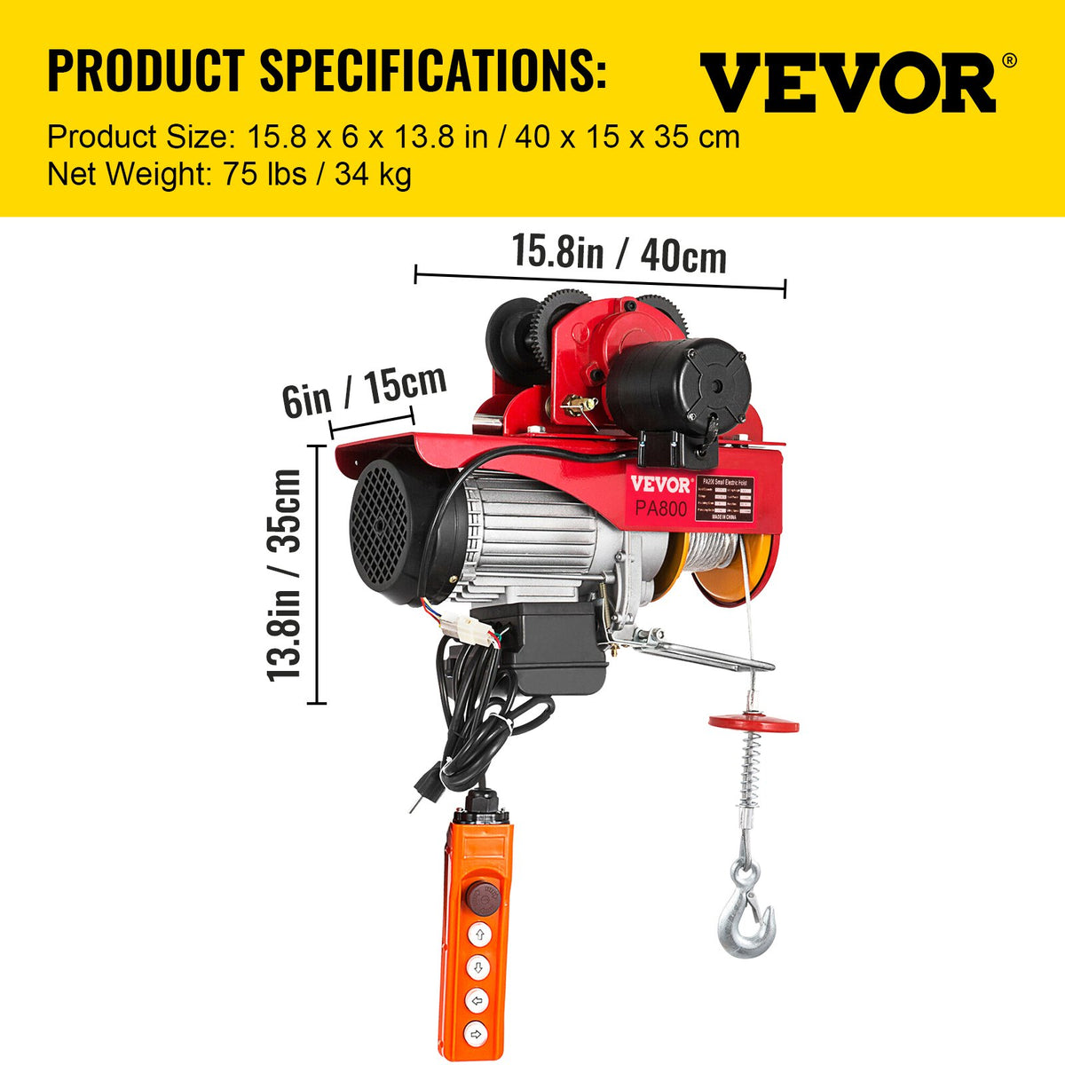 VEVOR Electric Hoist with Trolley, 1300 W Power, 800 kg Load Capacity, 12 m Dual Rope Lifting Height, Steel Construction with Pallet Lifting Attachment, Suitable for Garage