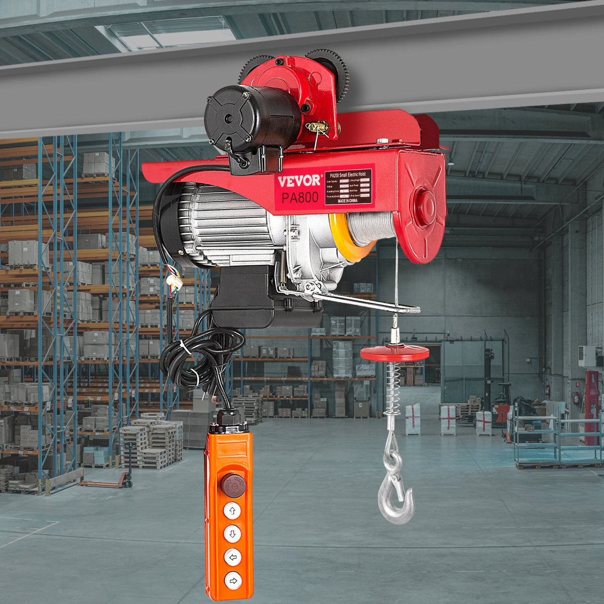 VEVOR Electric Hoist with Trolley, 1300 W Power, 800 kg Load Capacity, 12 m Dual Rope Lifting Height, Steel Construction with Pallet Lifting Attachment, Suitable for Garage
