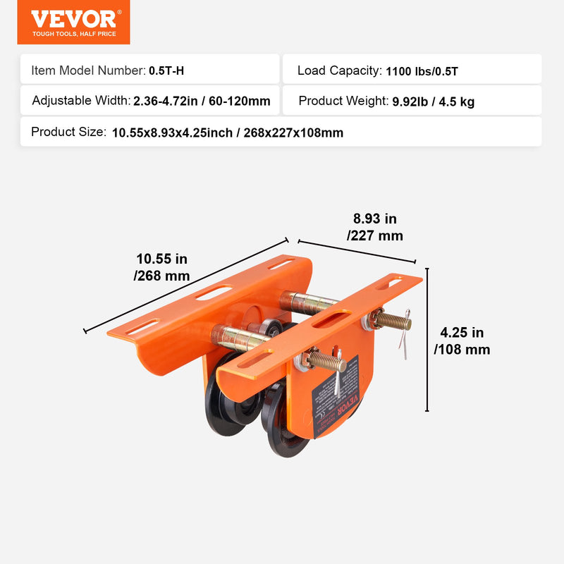 VEVOR elektriskā pacēlāja manuālie siju rati 0,5 t, pārvietojami dubulto riteņu rati ar regulējamu sijas platumu 6–12 cm, piemēroti taisnām un izliektām I sijām, PA200–PA500 pacēlājiem