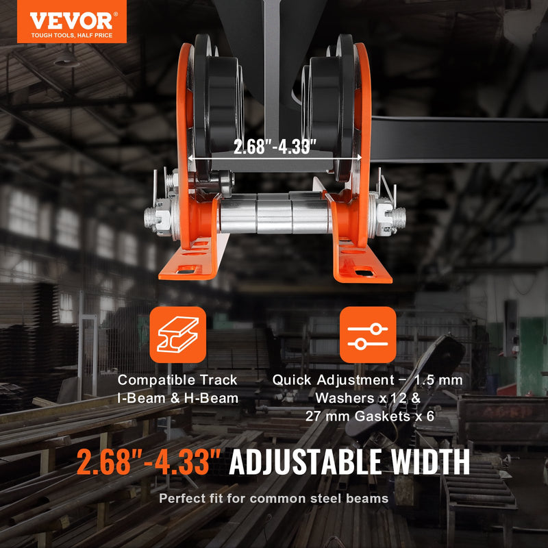 VEVOR elektriskā pacēlāja manuālais ratiņš, 998 kg / 1 t celtspēja, ratiņi PA200, PA250, PA300, PA400 un PA500 pacēlājiem, dubultie riteņi, regulējams sijas platums 6,8–11 cm taisnām un izliektām I sijām