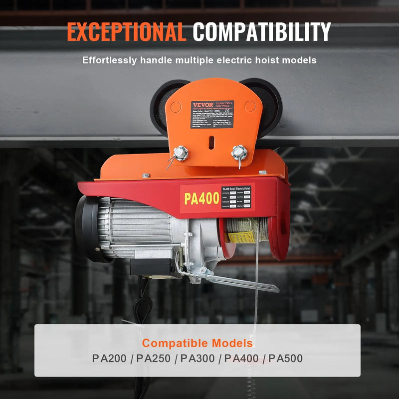 VEVOR elektriskā pacēlāja manuālais ratiņš, 998 kg / 1 t celtspēja, ratiņi PA200, PA250, PA300, PA400 un PA500 pacēlājiem, dubultie riteņi, regulējams sijas platums 6,8–11 cm taisnām un izliektām I sijām