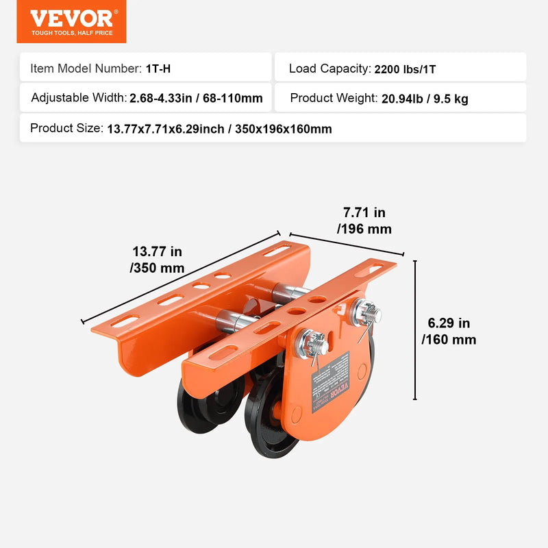 VEVOR elektriskā pacēlāja manuālais ratiņš, 998 kg / 1 t celtspēja, ratiņi PA200, PA250, PA300, PA400 un PA500 pacēlājiem, dubultie riteņi, regulējams sijas platums 6,8–11 cm taisnām un izliektām I sijām