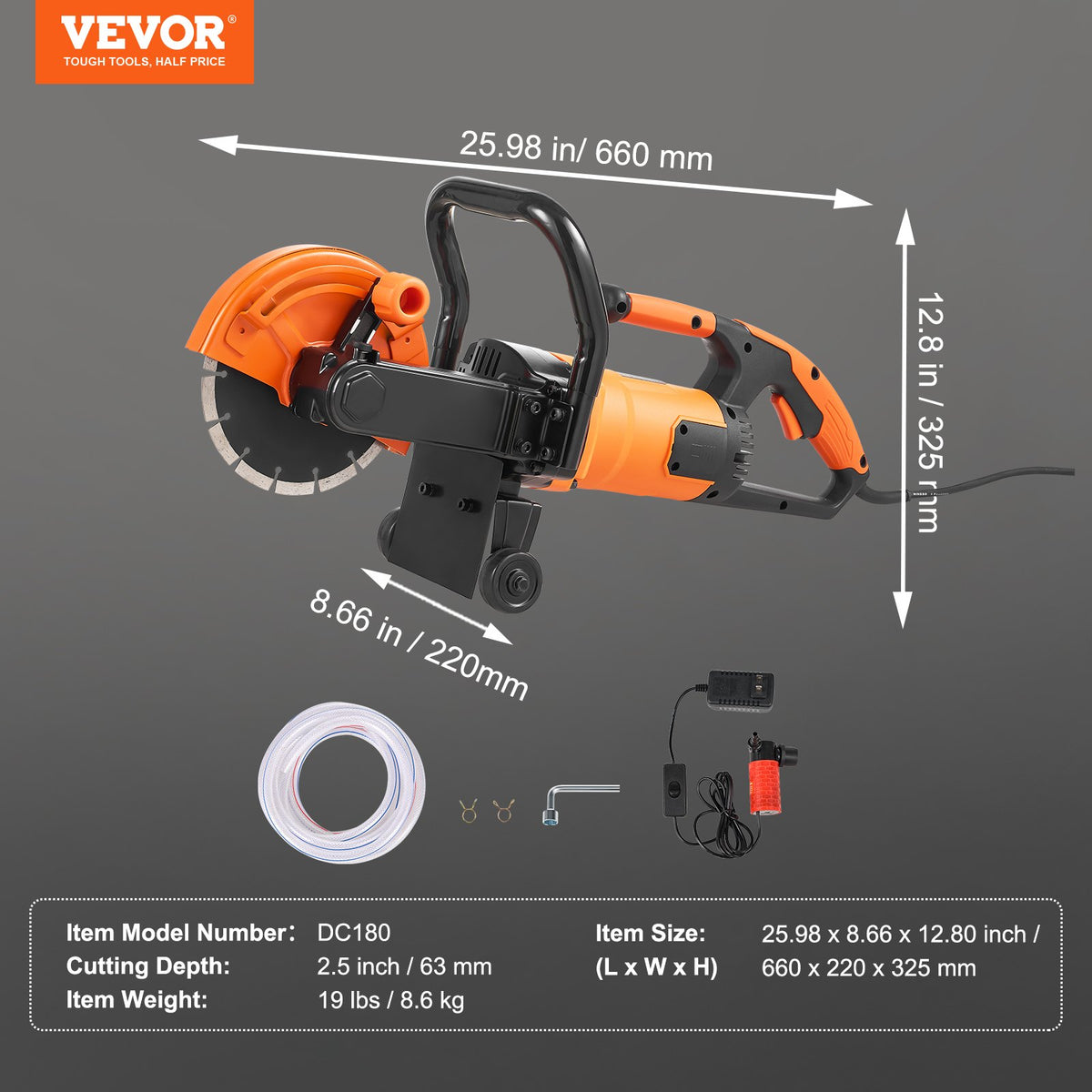VEVOR 7" elektriskā betona zāģa mašīna - mitrā un sausā griešana ar ūdens sūkni un asmeni